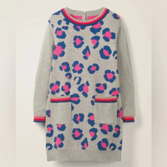 Mini Boden Girls Sweater Dress Animal Print Cheetah Pockets Size 8-9 - Picture 1 of 6